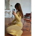 thumbnail image 5 of Women'S Solid Color Knitted Casual Hollow Commuter Suit Long Sleeve Button Top High Waist Pants Two-Piece Suit Yellow M, 5 of 6