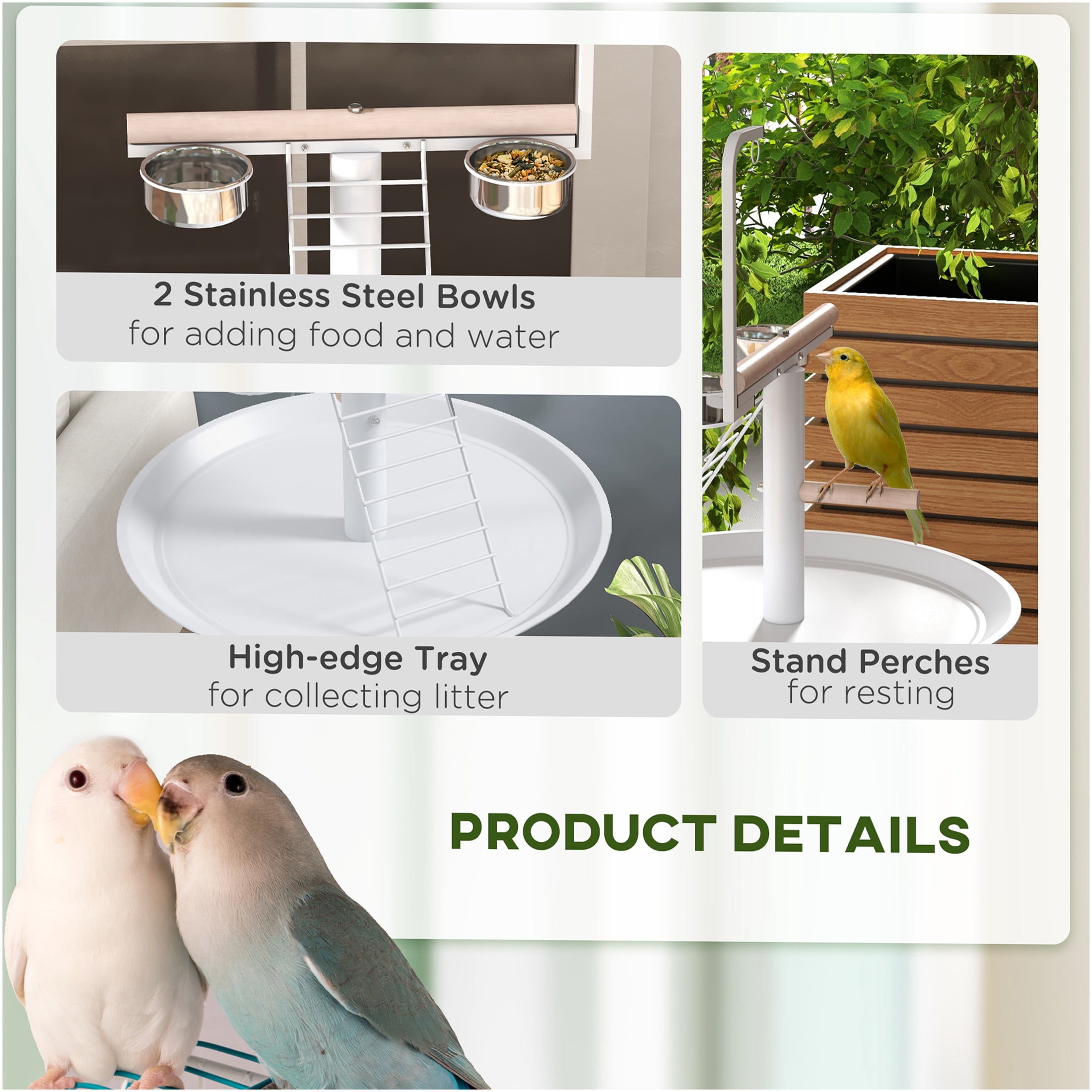 JERFIT White Bird Cage Stand on Wheels, Mobile Parrot Play Gym with Stainless Steel Bowls, Perches & Ladder for Small Parakeets Cockatiels Lovebirds Indoor Outdoor Use