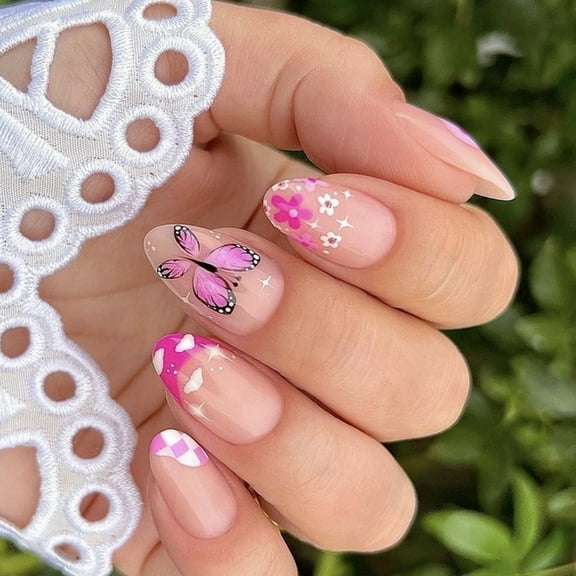 24 Pcs Flowers Artificial Nails French Tip Press On Nails Short Almond Stick On Nails Butterfly False Nails for Party