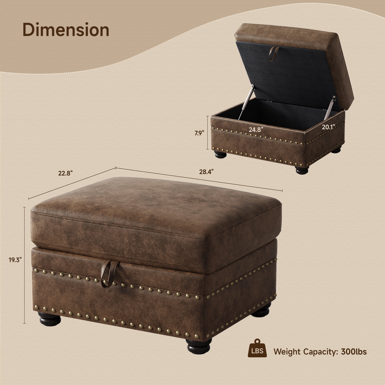 Faux Leather Ottoman with Storage, Nailhead Footrest Stool for Living Room, Brown