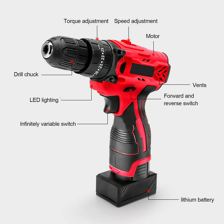 Tegatok Cordless Drill 12V, Power Drill with 2 Batteries and Charger,  Battery Drill with Variable Speed, LED Light, 3/8Keyless Chuck, 25 Drill  Bits