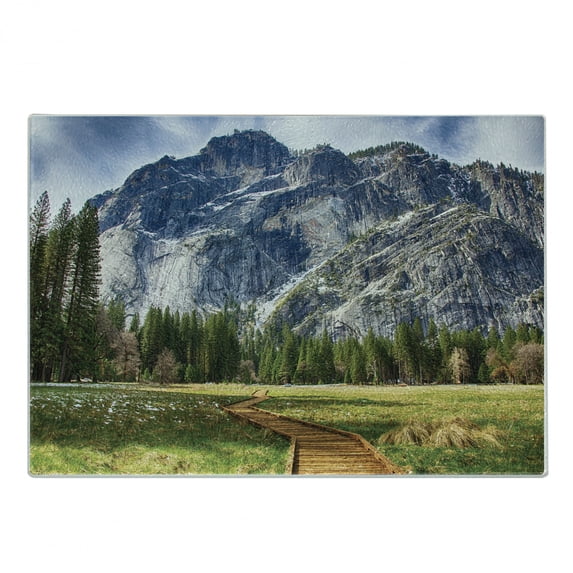 Yosemite Cutting Board, North Dome as Seen from the Valley with Wooden Walkway Yosemite National Park, Decorative Tempered Glass Cutting and Serving Board, Small Size, Green Charcoal, by Ambesonne