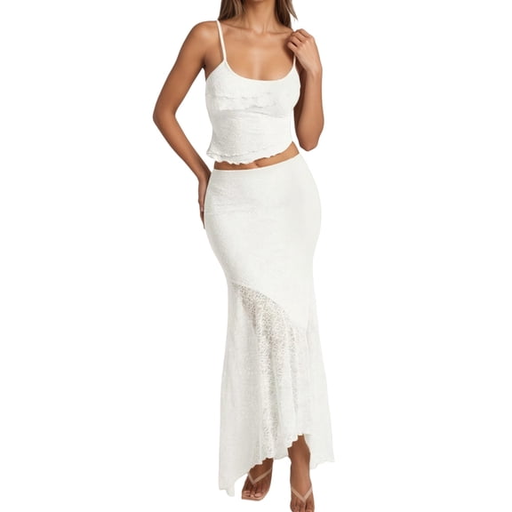 Women's Lace Camisole Set Sexy Crop Top Ruffled Hem Summer Boho Bodycon Long Skirt Suit Elegant Party Outfit
