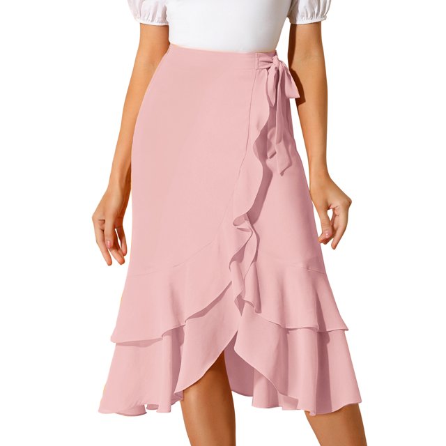 INSPIRE CHIC Falda midi de verano de cintura alta con capas de lazo de gasa y dobladillo con volantes para mujer Rosa M