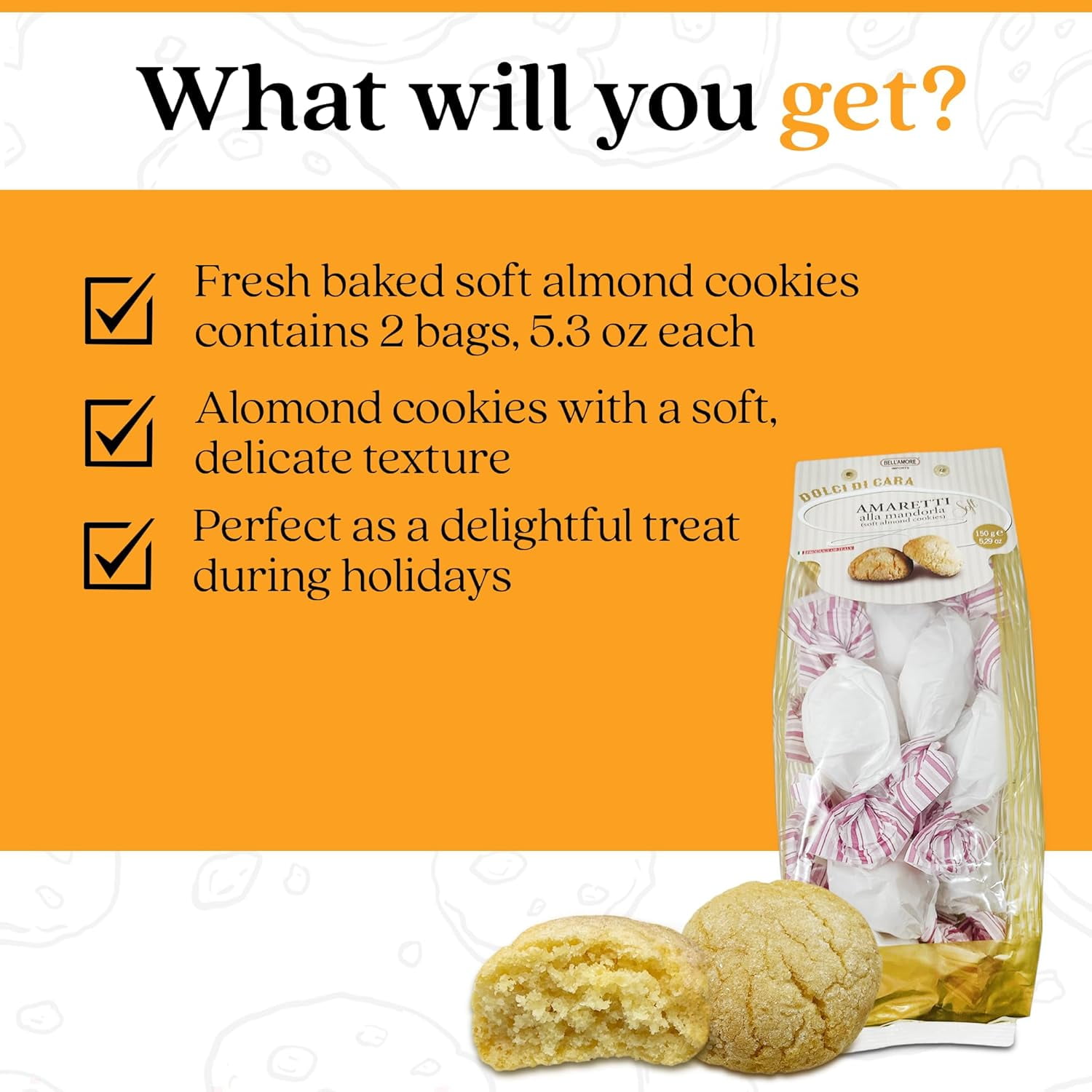Italian Amaretti Cookies, Soft Almond Cookies, 300g (2 x 150g bags), Made in Italy - Dolci Di Cara