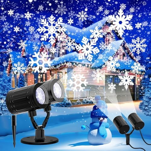 2025 Upgraded Double Head Christmas Snowflake Projector Lights Outdoor, Timing Mode, IP65 Waterproof, 360°Roating LED Christmas Lights, for Xmas Holiday Party Christmas Decoration, Indoor, Houses