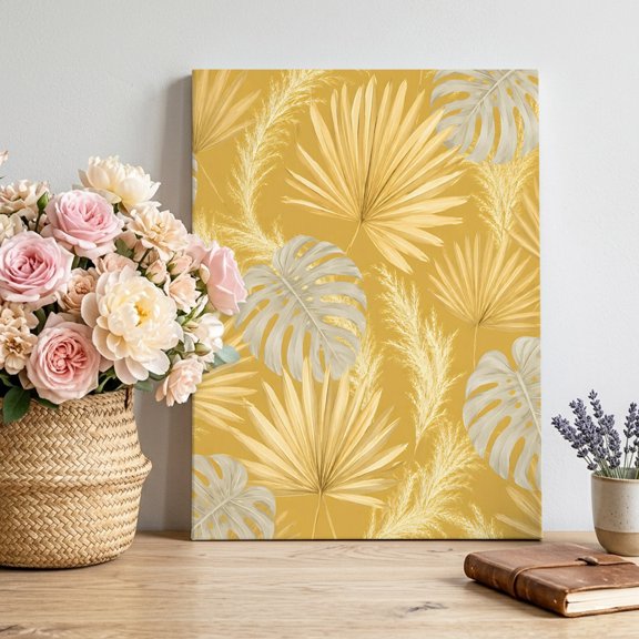 Gold Monstera Leaf Canvas Wall Art for Living Room, Summer Tropical Vintage Pastoral Leaves Poster Print Painting for Open Concept Living Space Decoration Wall Pictures Prepare To Hang 20"x30"