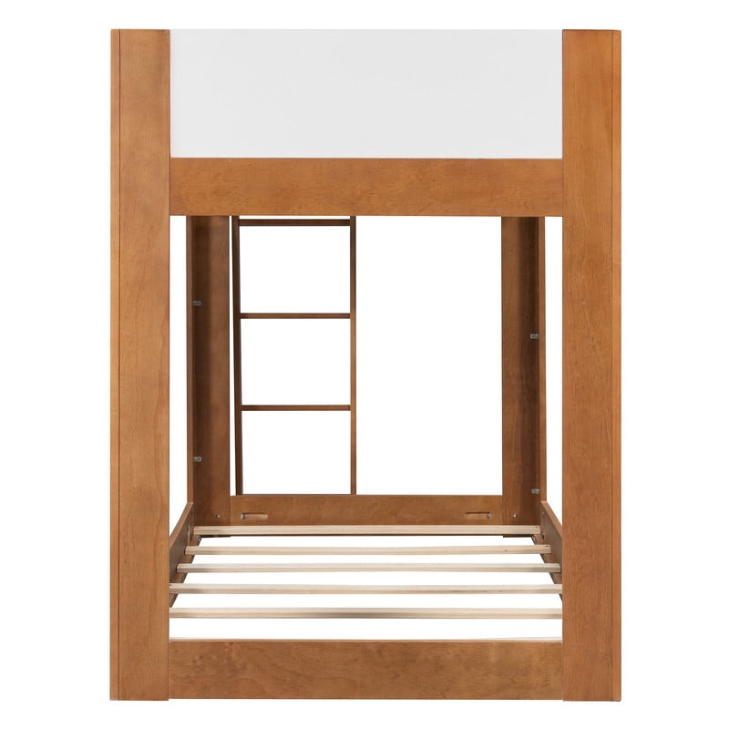 Twin-Over-Twin Low-Profile Bunk Bed with Guardrails, Wooden Kids Bed with Reversible Ladder, Accent Two-Tone Bed Frame