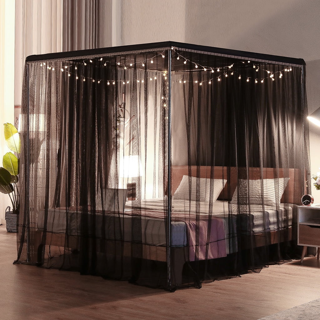 Mosquito Net For Bed 4 Corner Bed Canopy Easy Home Princess Bed Canopy Curtain For Girl Beds Kids Bedroom,Black,King