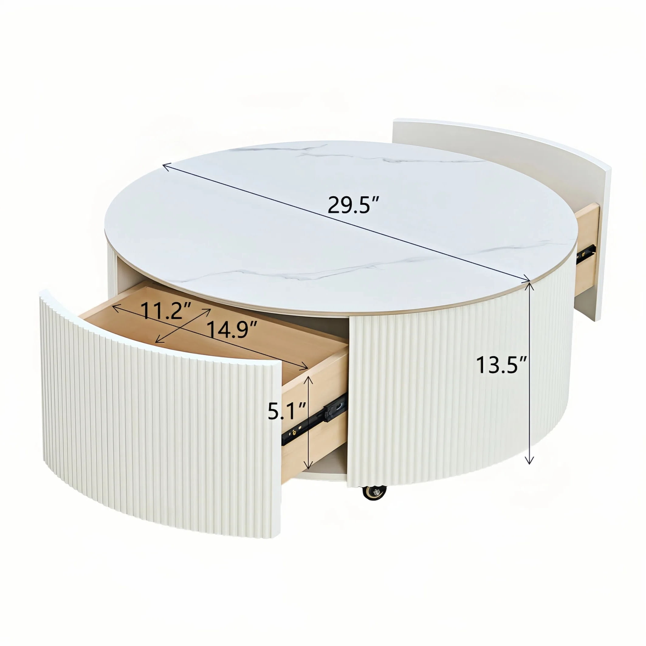 Euroco Modern Round Movable Coffee Table with Casters, 2 Drawers, Marble Pattern Sintered Stone Top, White, 29.5"