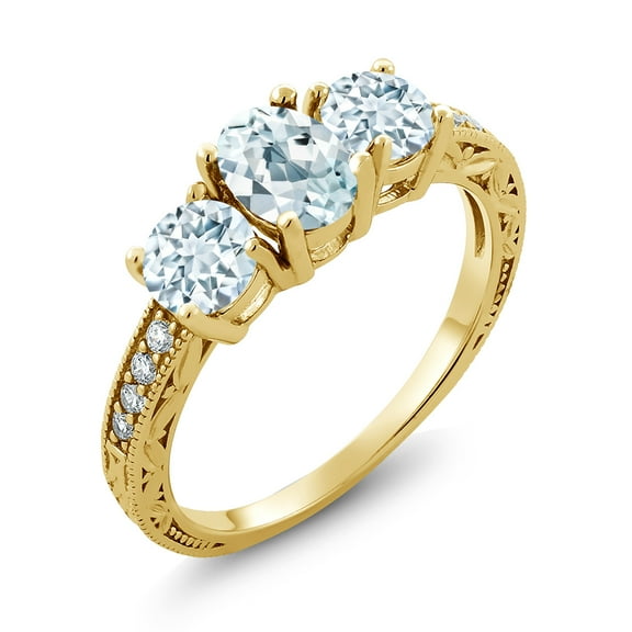 Gem Stone King 1.87 Ct Oval Sky Blue Aquamarine 18K Yellow Gold Plated Silver Moissanite Ring (Size 9)