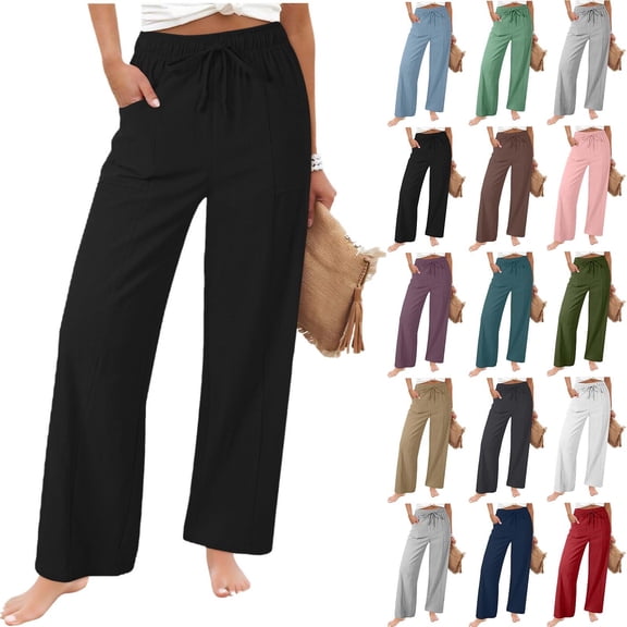 ZHYou Wide Leg Pants for Women Plus Size Palazzo Linen Summer Casual Soft Lightweight Comfy Drawstring Trousers,Black,Size S-2XL