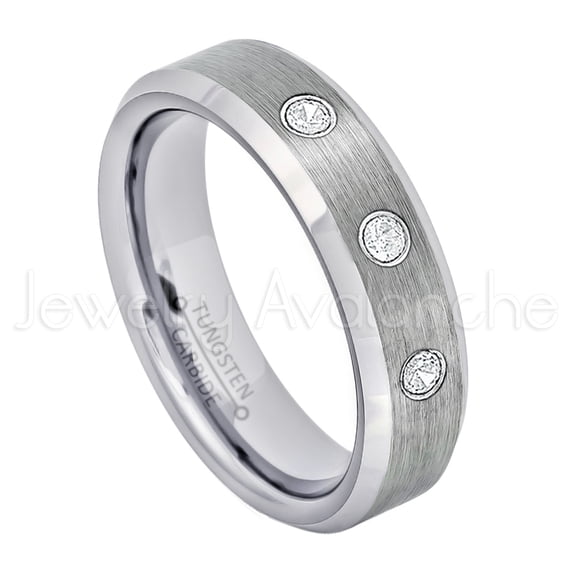 6mm Ladies Beveled Tungsten Ring - 0.21ctw Diamond 3-stone Band - Personalized Tungsten Wedding Ring - Custom Made April Birthstone Ring TN038BS