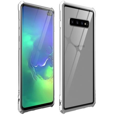 Galaxy S10 Plus Case, Allytech Slim Fit 2 in 1 9H Tempered Glass Back Cover + Metal Aluminum Bumper (No Signal Reduce) Shockproof Protective Case for Samsung Galaxy S10 Plus 6.4 inch 2019,