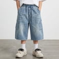 thumbnail image 2 of Kids Denim Shorts Elastic Waist Straight Leg Jeans Shorts Casual Loose Fit Denim Shorts with Pockets Summer Clothes 5-6 Years, 2 of 8