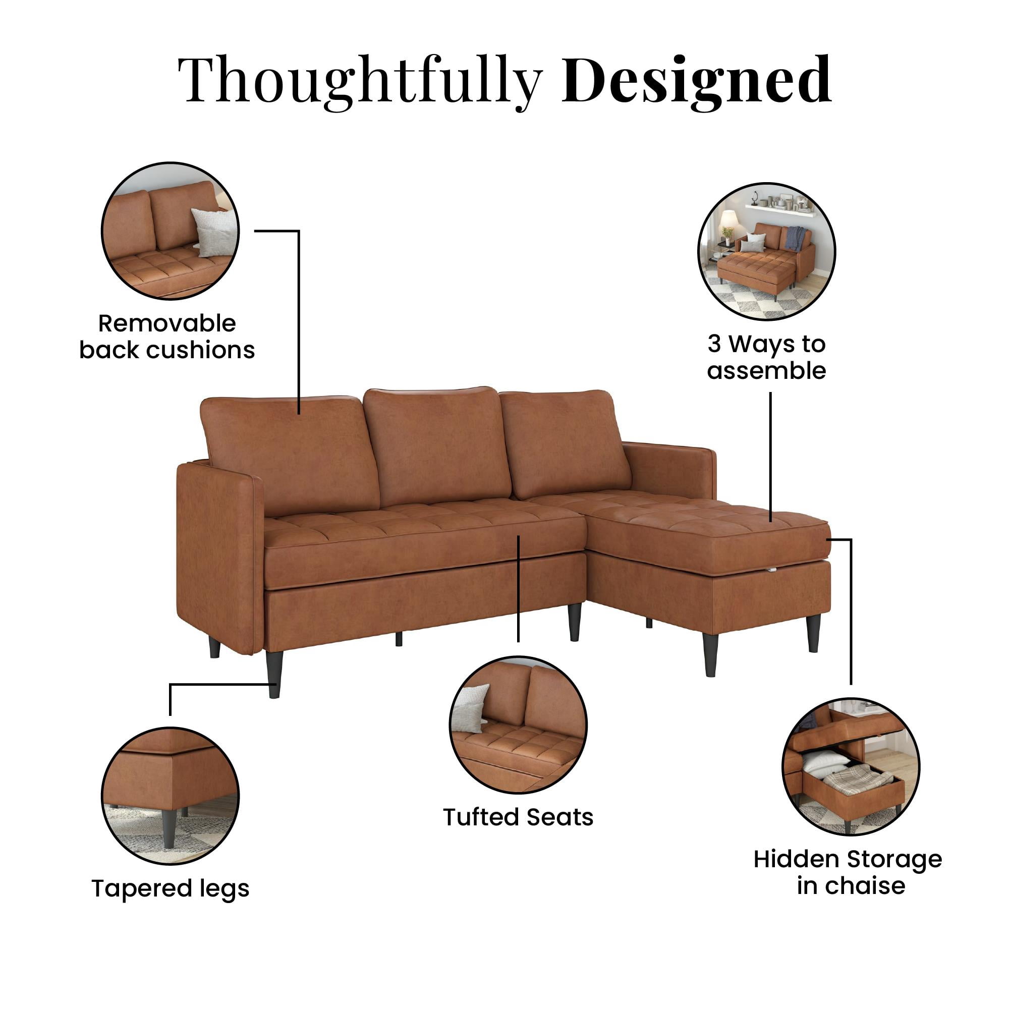 DHP Xandor Modular Sectional Sofa with Storage Chaise, Camel Faux Leather