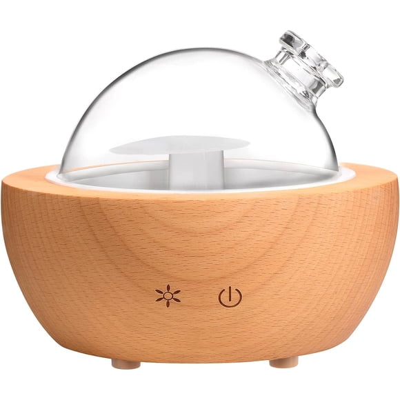 KAKODA Diffuseur d'Huiles Essentielles en Verre, Base en Bois Naturel 200ml, Diffuseur d'Arôme Ultrasonique de Bureau, Humidificateur d'Huiles Essentielles, Lumière LED Disponible en 7 Couleurs, Adapté pour Maison Bureau Chambre
