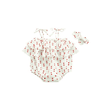 

Genuiskids Infant Newborn Baby Girls Valentines Outfits Off Shoulder One Piece Cotton Linen Romper Heart Bodysuit Halter Ruffle Jumpsuit 0-18M