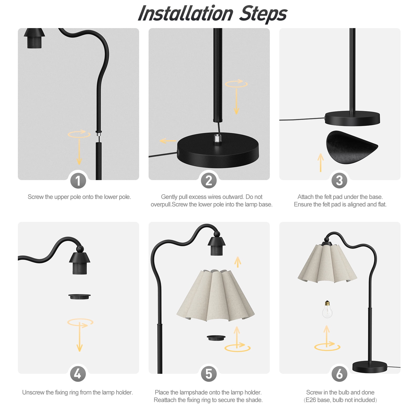 KUNJOULAM Modern Minimalist Style Black Curved Metal Lamp Post Decorative Desk Lamp, Use E26 Bulb With Linen Petal Shaped Lampshade (bulb Not Included)