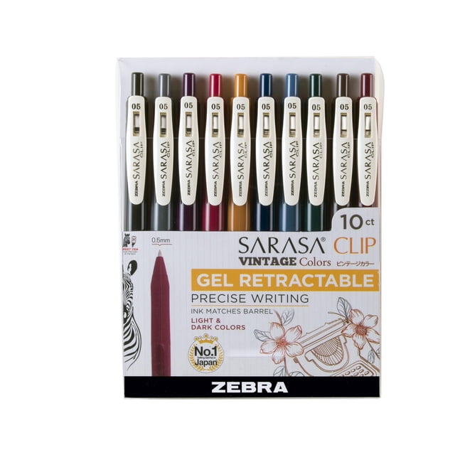 Zebra Pen SARASA Clip Retractable Gel Pen, 0.5mm Fine Point, Light & Dark Assorted Vintage Ink Colours, Water Based, Ideal for Office and School, Jou