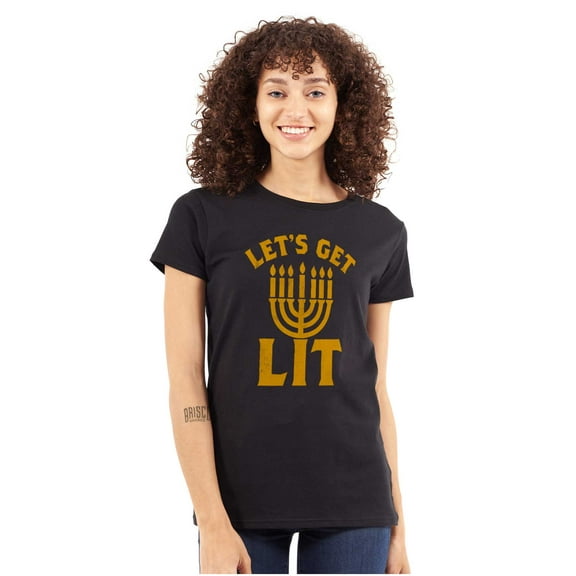 Hanukkah Menorah Let's Get Lit Womens Slim Fit Graphic Tee Brisco Brands S