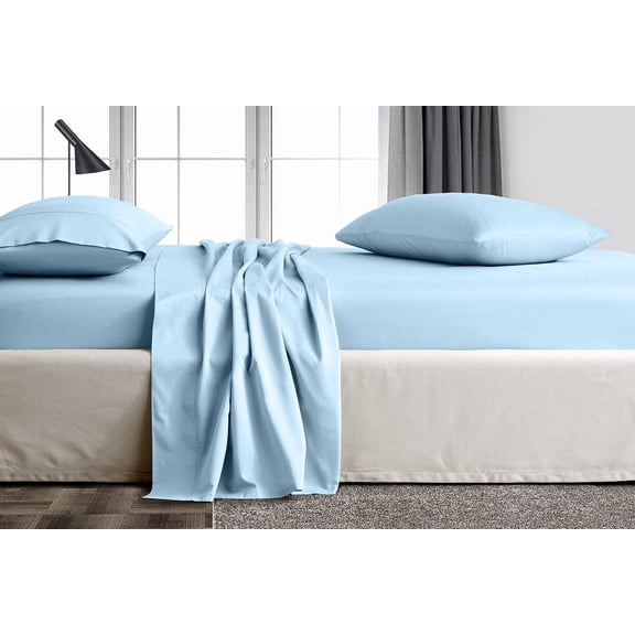 Twin-XL Size 100% Egyptian Cotton 5 Piece Bedding, Luxury Sheet Set with 12 Inch Deep Pocket - 400TC Comfortable & Machine Washable Sheets - Light Blue Solid.