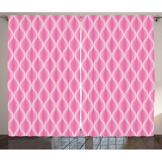 Pink and White Curtains 2 Panels Set, Pastel Ogee Motifs with Curved
