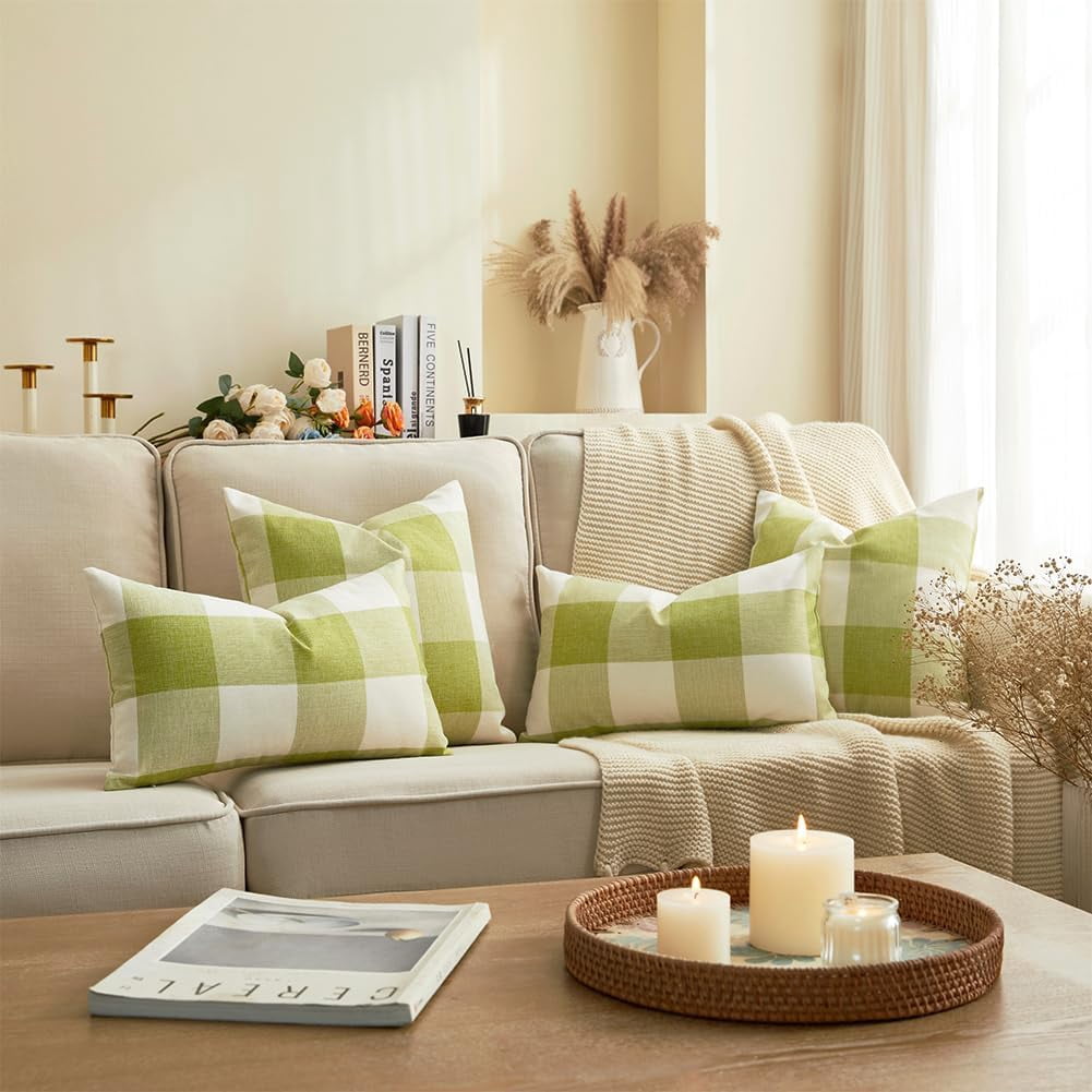 Spring Outdoor Green Plaid Pillow Covers 18x18 Set of 2, Green Farmhouse Buffalo Plaid Throw Pillows, Spring Outdoor Front Porch Decor Gingham Pillow Covers (No Pillow Inserts)