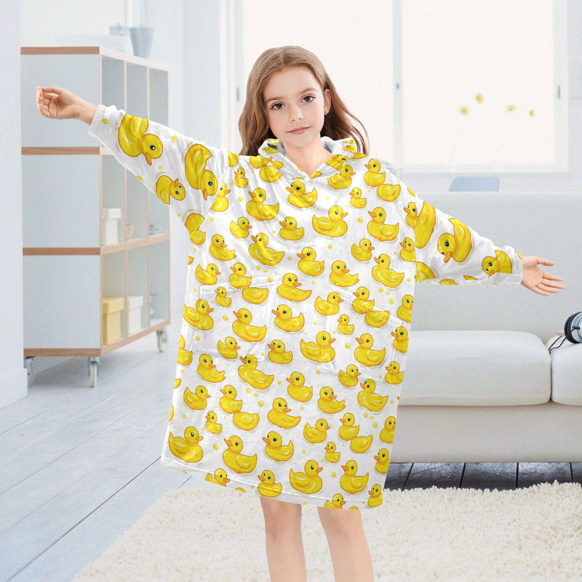 FORMRS Wearable Blanket Hoodie with Sleeves for Kids Cozy Flannel Sweatshirt, Yellow Rubber Ducks