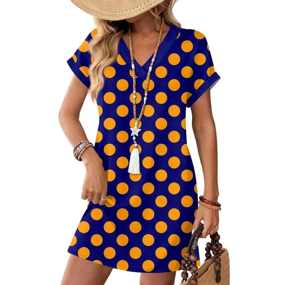 Women's Fashion Floral Print V-Neck Short Sleeve Casual Dress with Pocket, Pullover Summer Dress, Lightweight Comfort Fit, Stylish Ladies Clothing,Royal Blue,3XL
