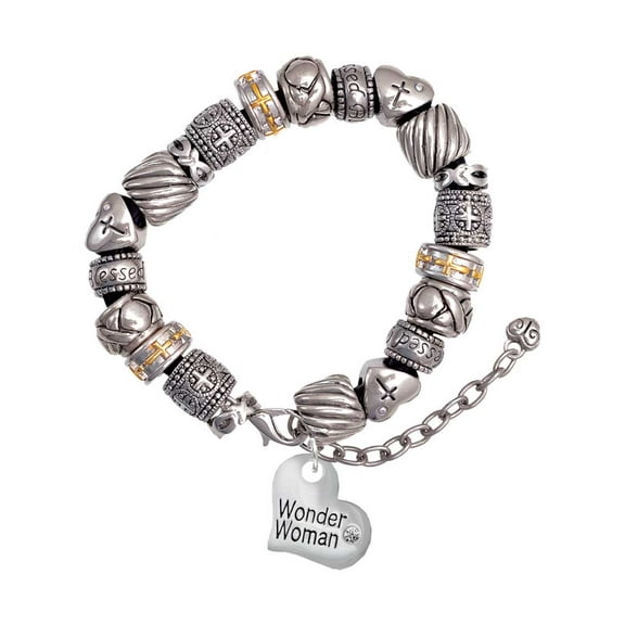 Silvertone Large Wonder Woman Heart Silver Tone Christian Bead Bracelet