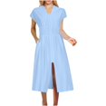 thumbnail image 2 of Ailaofu Women's Solid Color Fold V Neck Front Zip Elegant Comfort Midi Dress with Functional Pockets, 2 of 7