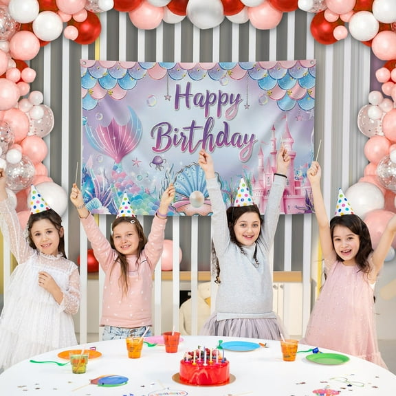 3x5ft Mermaid Birthday Backdrop Dreamy Fish Tail Castle Glitter Mermaid Decoration Backdrop Under The Sea Photography Background for Princess Girl Baby Shower Birthday Banner