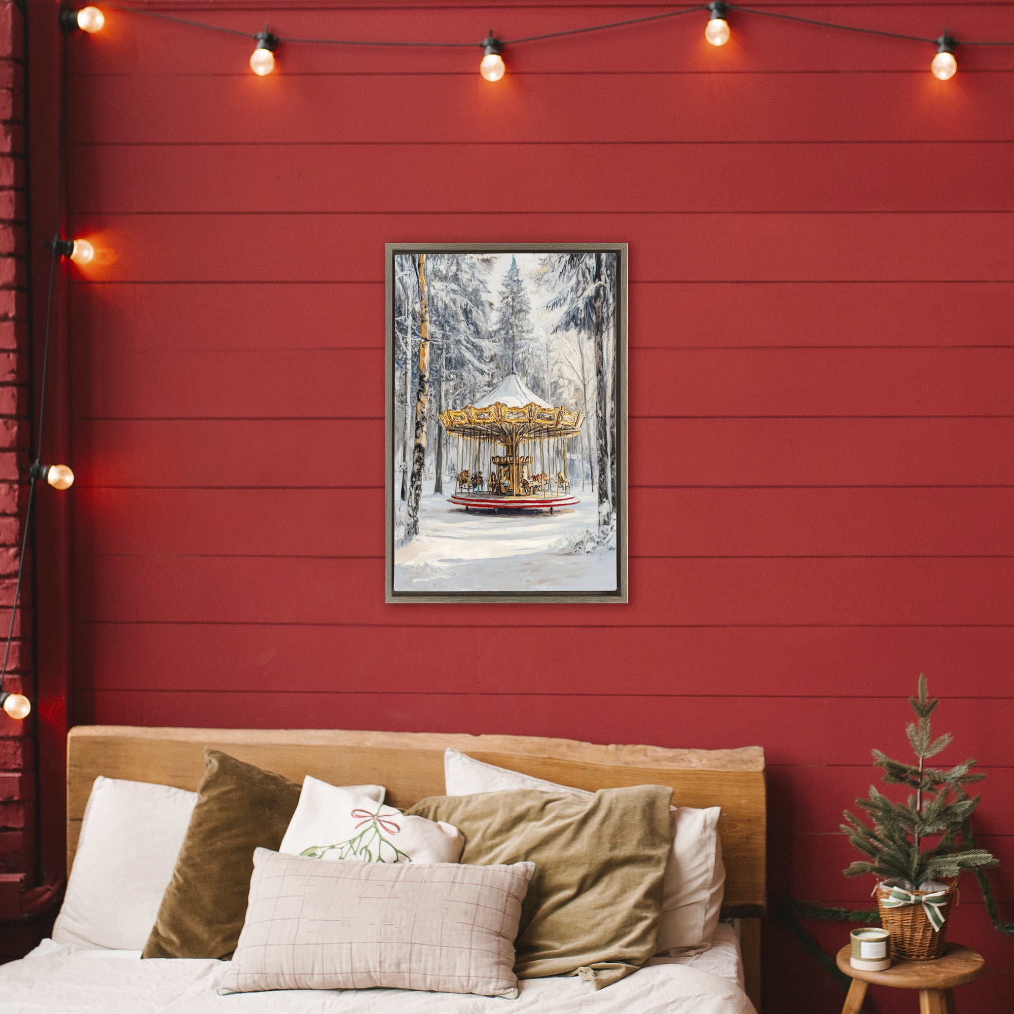 Winter Wonderland Carousel Brown Framed Floater Canvas Wall Art, design by Petal Prints Design