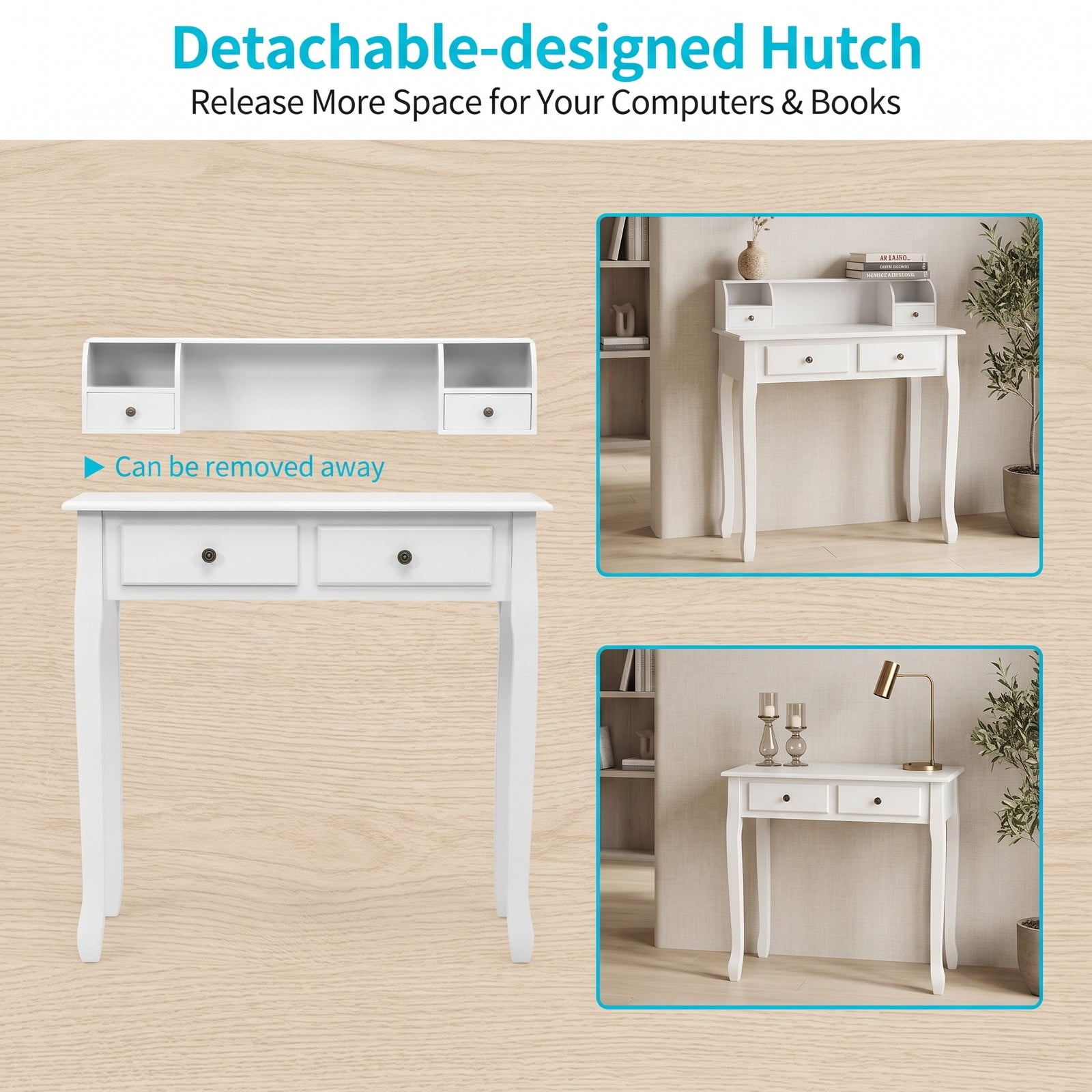 Furnibear Vanity Desk with 4 Drawers, 2-Tier Writing Desk Computer Desk with Detachable Storage Cabinet for Home Office and Bedroom, White