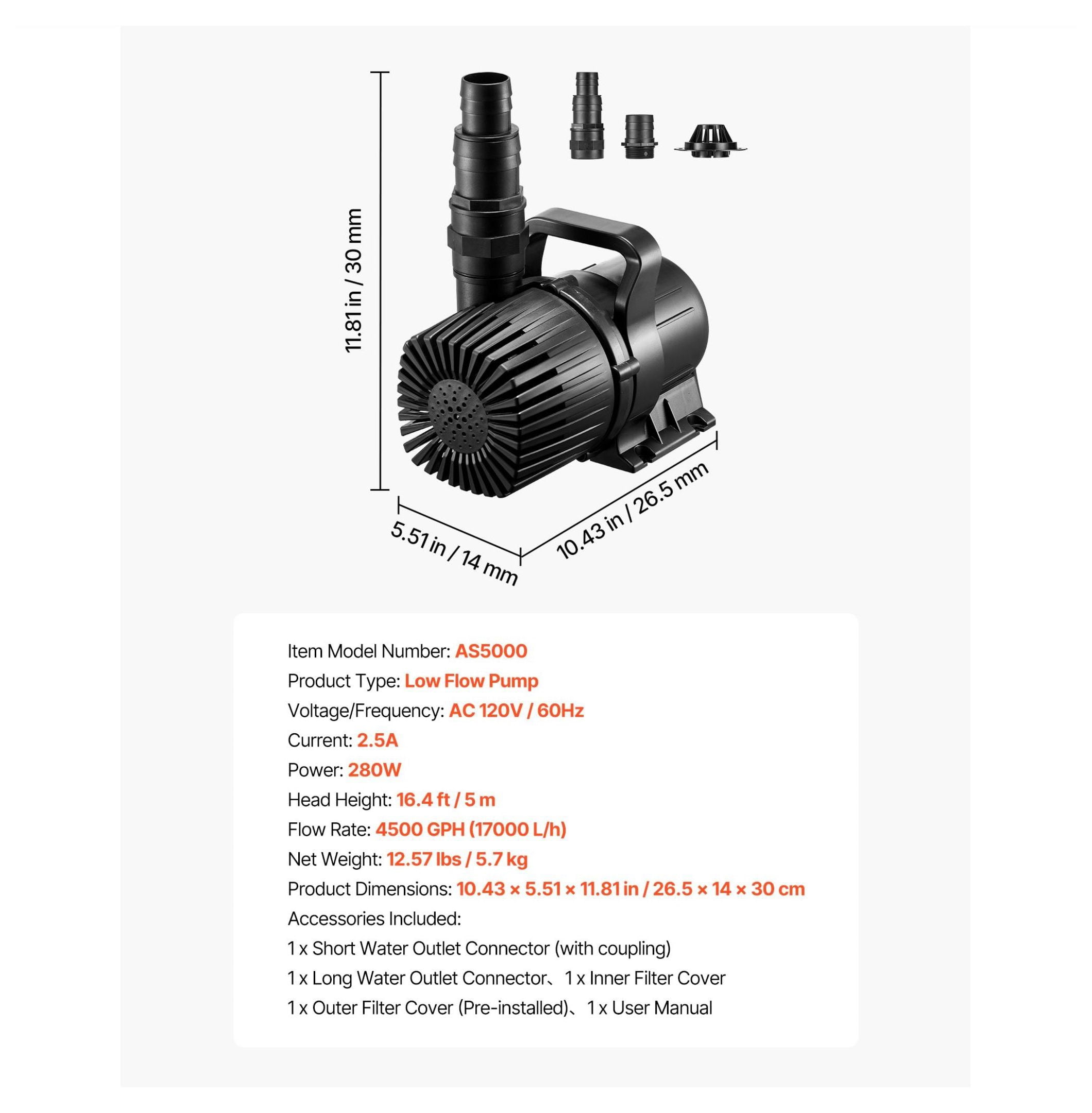 Submersible Water Pump 4500 GPH, 280W Aquarium Pump with 16.4ft Lift, Adjustable Flow, for Pond, Fountain, Waterfall, Fish Tank