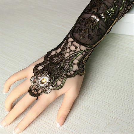 2PCS Halloween Gloves, Fingerless Lace Gloves, Punk Style Lace Fingerless Long Gloves Lace Hollow-Out Chain Bracelet Skid Resistant