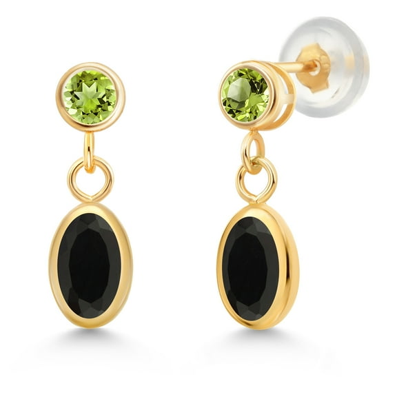 Gem Stone King 14K Yellow Gold Black Onyx and Green Peridot Drop Dangle Earrings for Women (1.04 Cttw, Gemstone Birthstone, Oval 6X4MM, Round 3MM)
