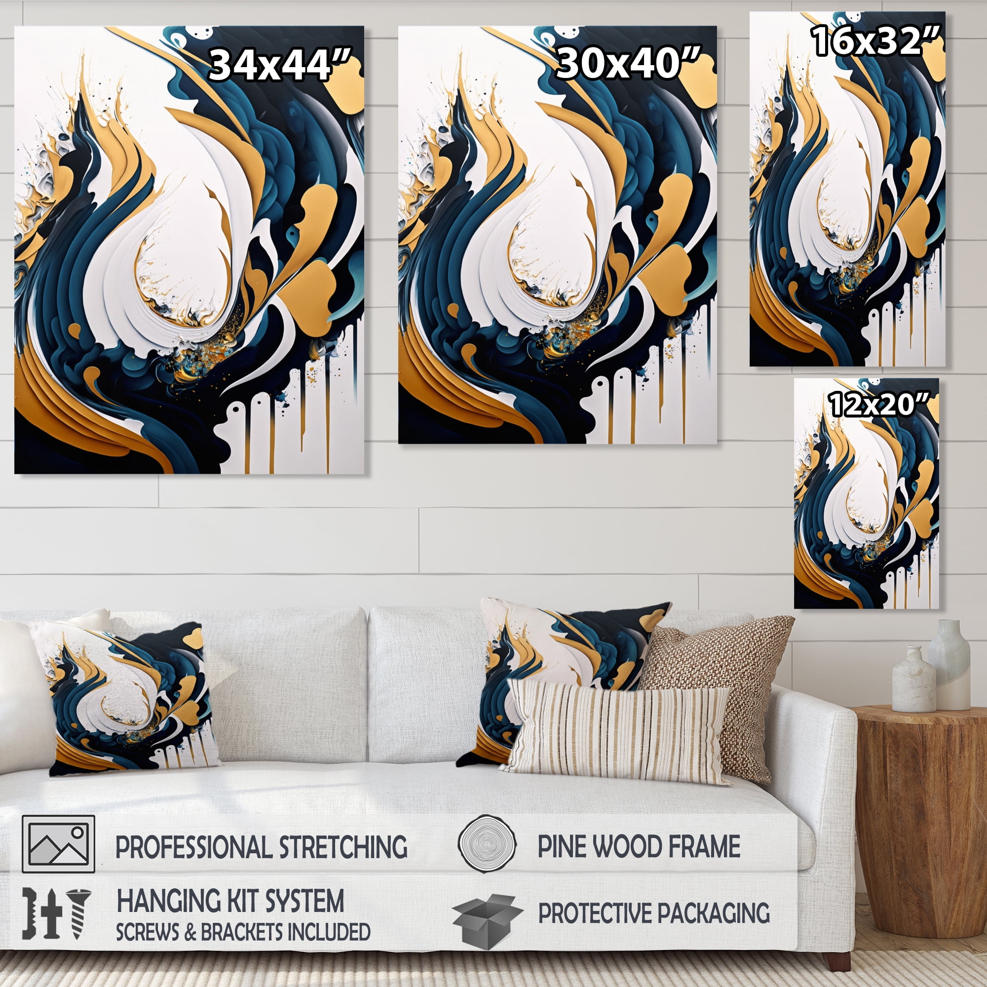 Designart Blue And Gold Modern Art Abstract Painting V Canvas Wall Art