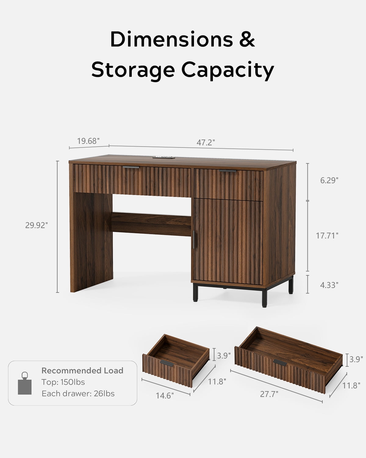 EYYTHUNG 47" Fluted Executive Desk, Modern Wood Home Office Desk with Charging Station, Drawer & Cabinet, Computer Writing Desk