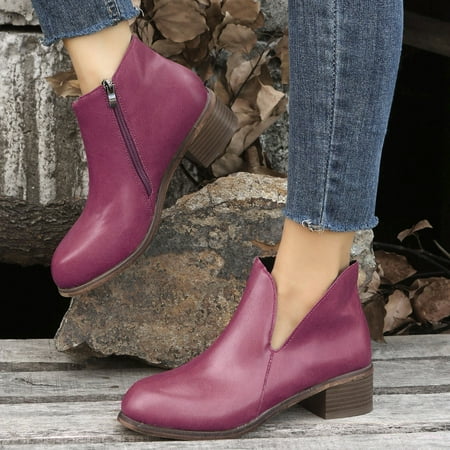 

Ankle Boots Ladies Solid Color Leather Side Zipper Vintage Heel Fashion Short Boots