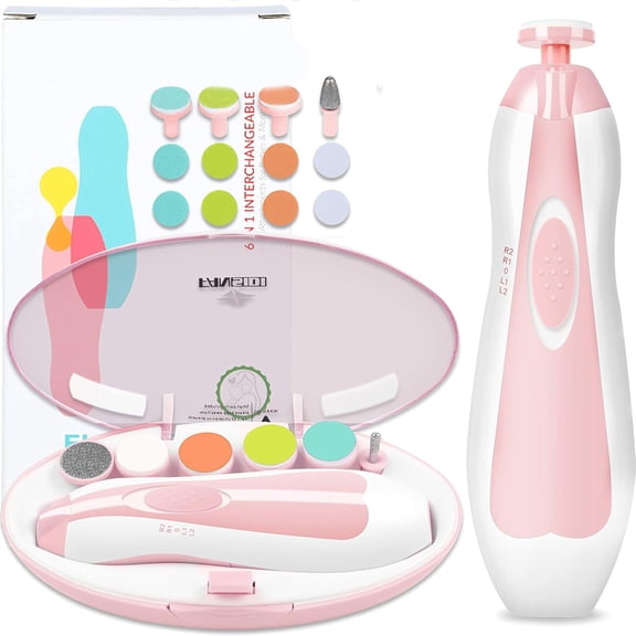 EXLEAF Baby Nail File Electric Nail Trimmer Safe Baby Nail Clippers Manicure Set with 10 Grinding Heads 8 Sandpapers,Trim Polish Groom for Newborn Infant Toddler Or Adult Toes Fingernails Care,Pink