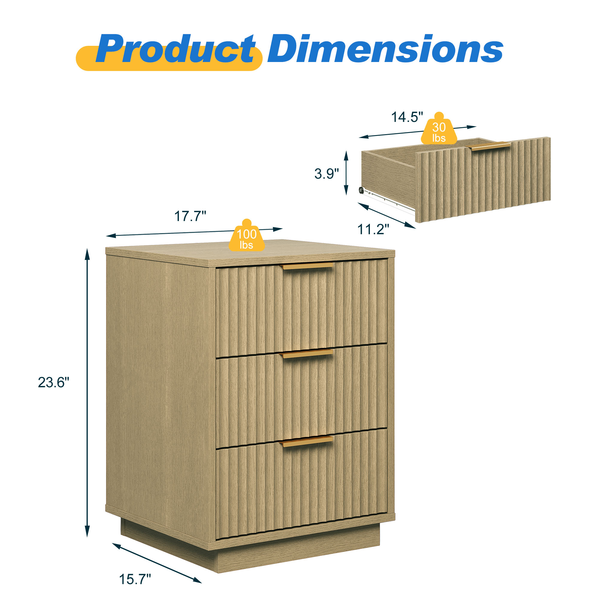 May in Color 3-Drawer Low Dresser, Compact Storage Cabinet with Wavy Drawer Fronts for Bedroom, Living Room, Entryway, or Hallway, Natural Wood Tone