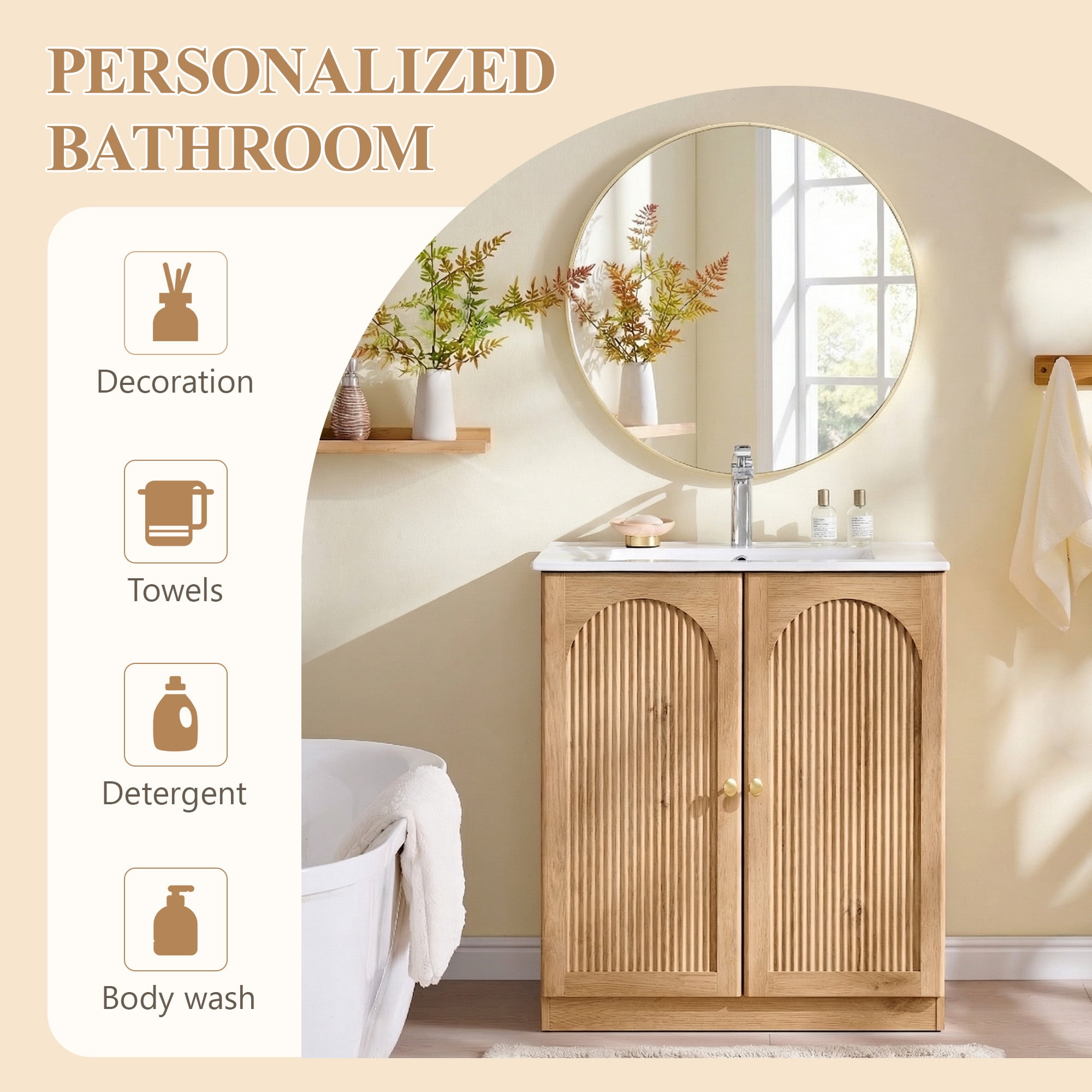 SinCiDo 30 Inch Bathroom Vanity with Sink, Arched Bathroom Vanity Cabinet with Ceramic Basin, Modern Fluted Bathroom Vanity w/Adjustable Shelf