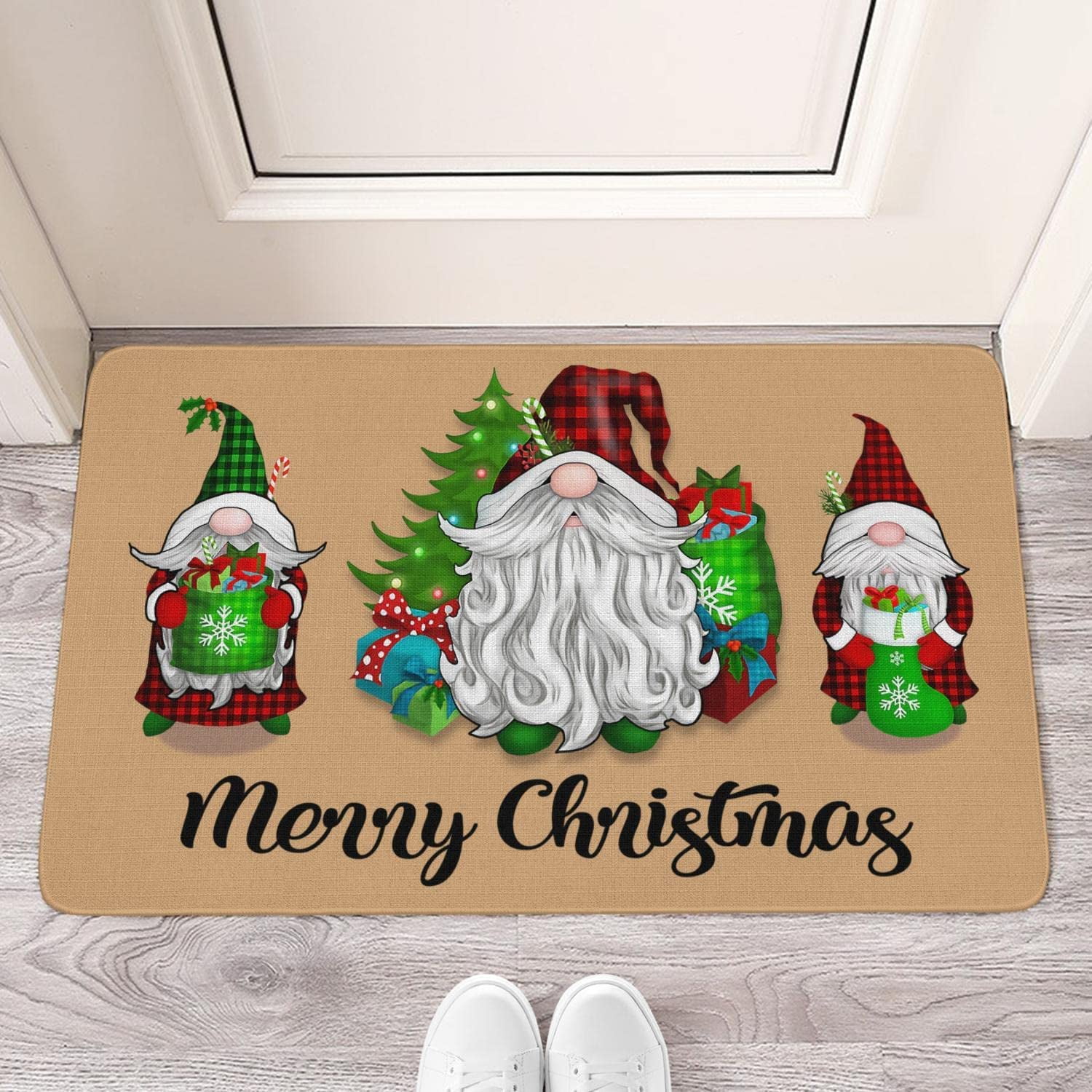 Nutksea Merry Christmas Doormat for Front Door Buffalo Plaid Gnome Decorative Welcome Doormat for Indoor Outdoor 17x 30 Inch