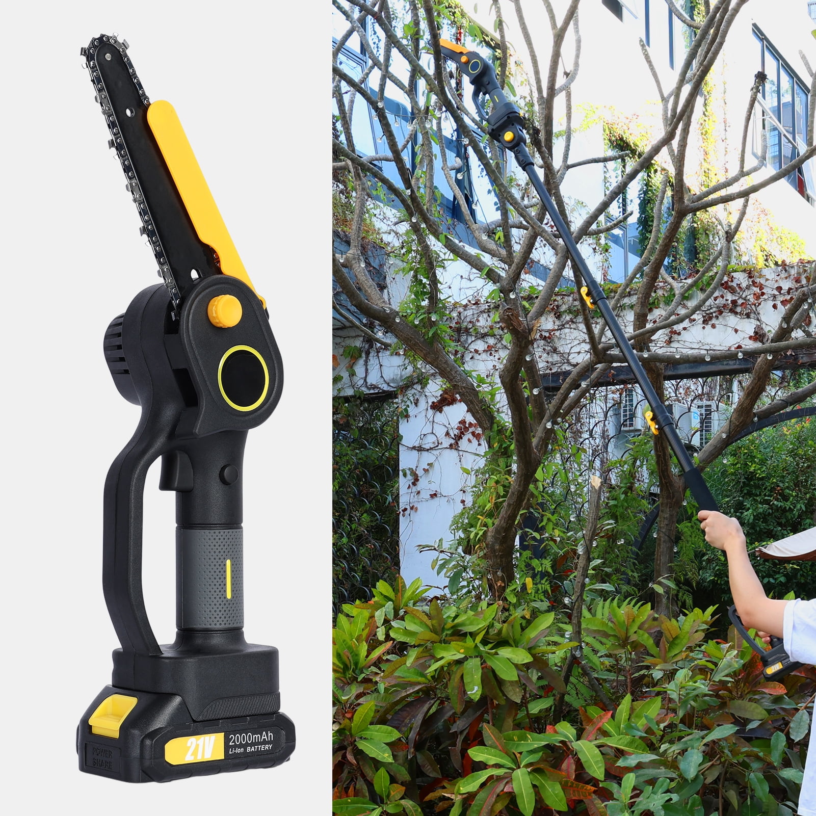 Fompes 2-in-1 Cordless Pole Saw & 6" Mini Chainsaw 4.9-7.5FT Telescoping Branch Cutter with 2PCS 2.0Ah Batteries and a Charger Brushless Pole Saw for Tree Trimming Wood Cutting