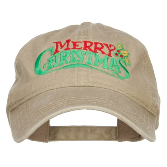 Mistletoe Merry Christmas Embroidered Washed Cap - Khaki OSFM