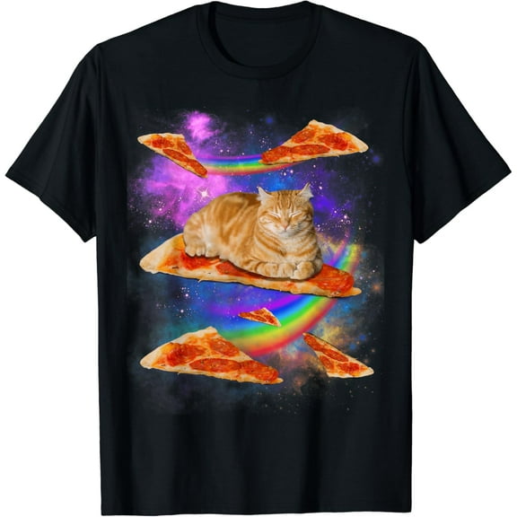 Funny Galaxy Cat In Space Cat Riding Pizza T-Shirt