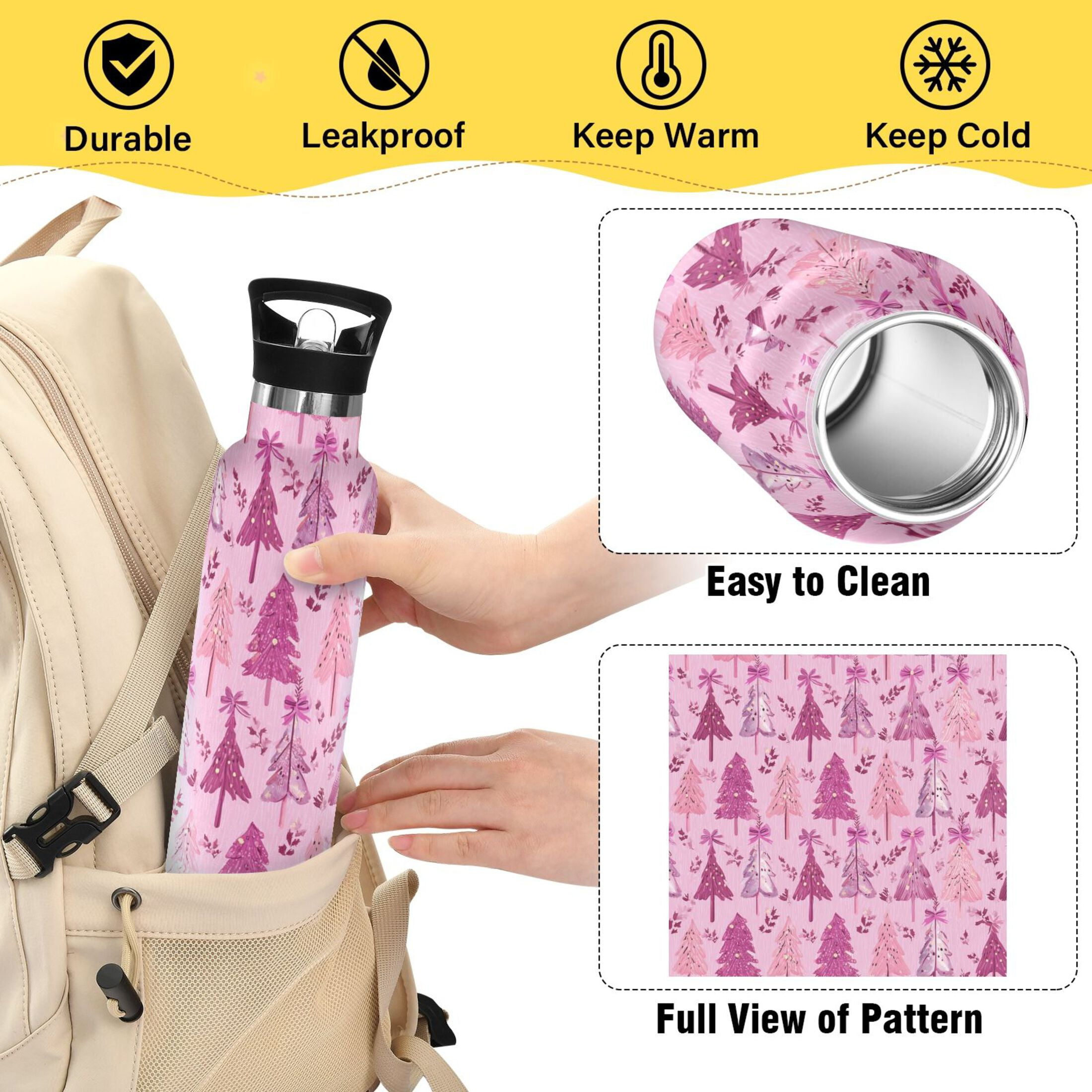 600ML Stainless Steel Insulated Cup Sports Water Bottle Portable Thermos Cup Water Glasses Insulated Tumblers Convenient and Durable Beautiful Pink Christmas Little Green Dinosaurtree