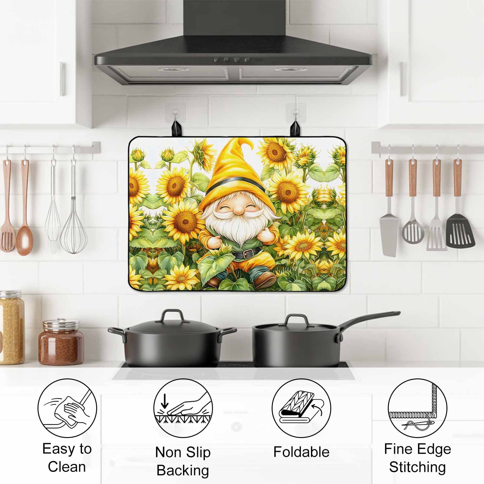 Sunflower Gnomes Stove Top Cover for Electric Stove, Heat-proof & Non Slip Glass Top Stove Cover Protector, Spring Summer Botanical Florals Kitchen Flat Cooktop Rubber Mat 31x24 Inches